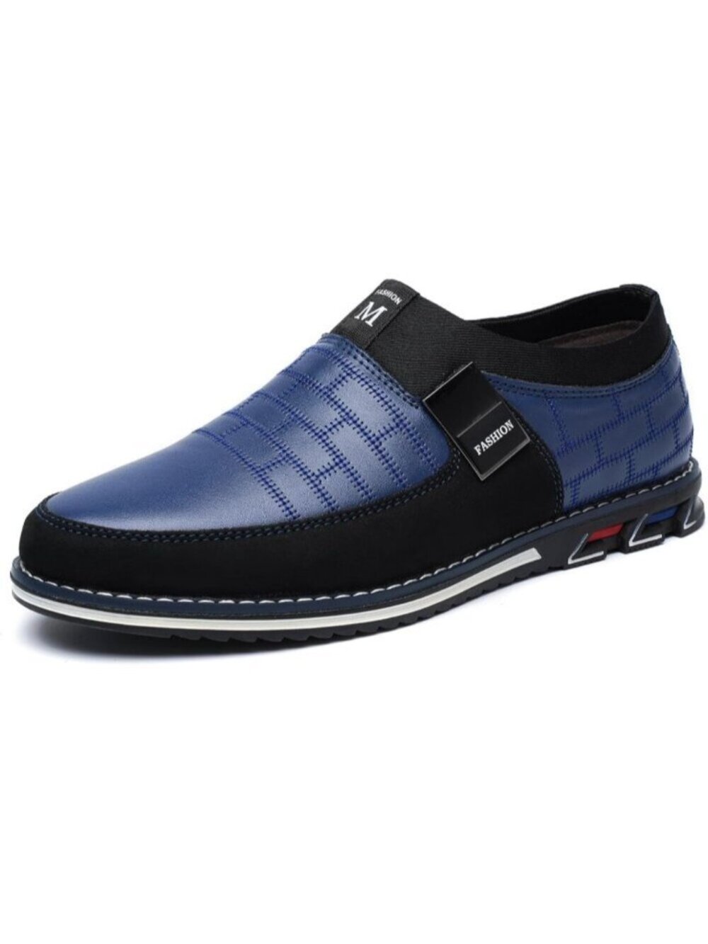 Men's Blue Grid Embossed Leather Comfort Two-Tone Casual Slip On Dress Loafers